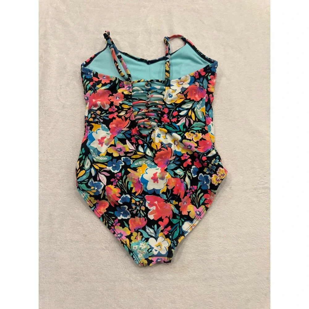 Ron Jon Surf Shop Girls Floral One Piece Swimsuit Strappy Back Black Size 12